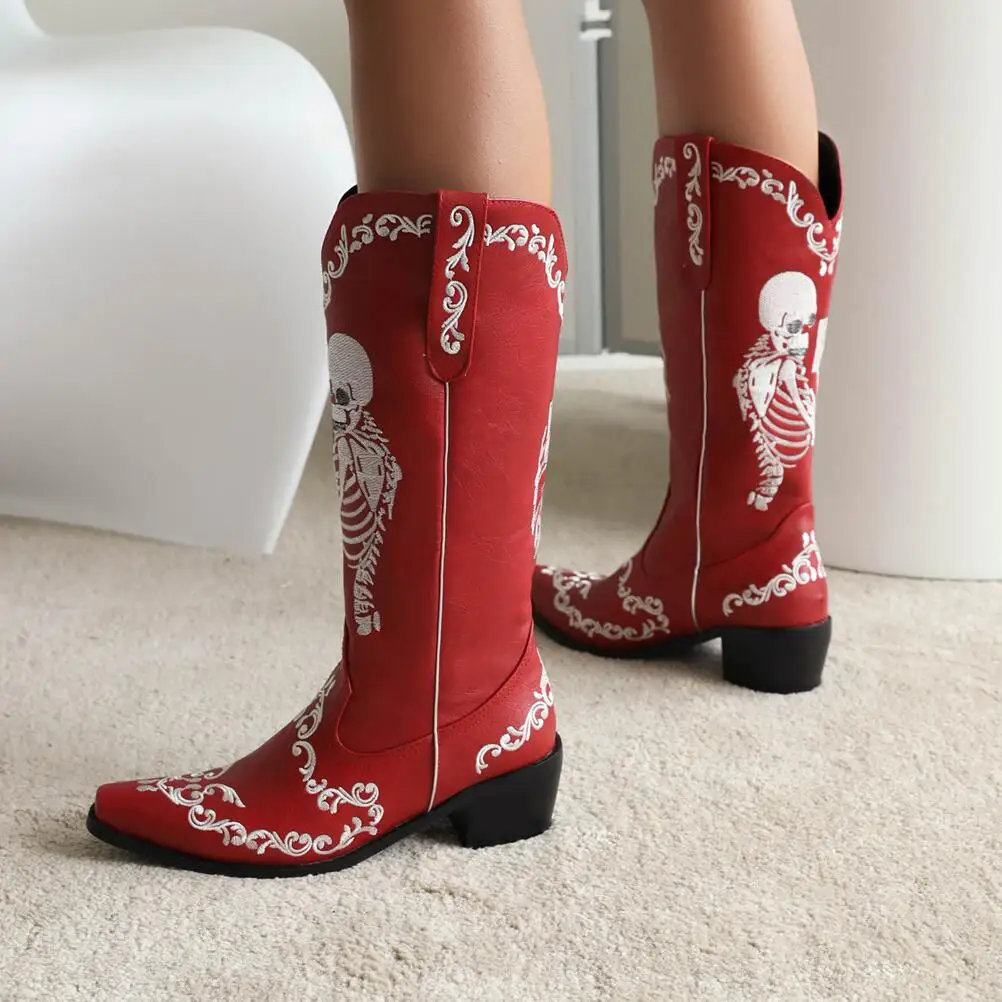 Cowboy boots for women 2022 embroidery boots white women's Mid-Calf black hallowmas plus size goth ladies botas Plus size 46