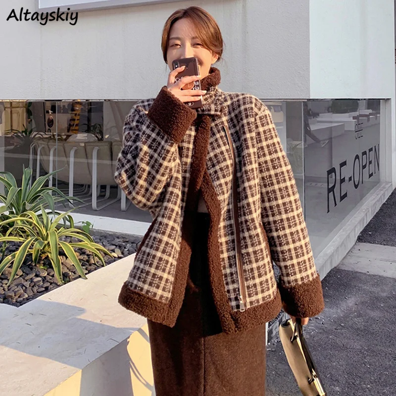 

Basic Jackets Women Outwear New Stand Collar Plaid Thicken Casual Vintage Winter Warm All-match Fashion Korean Style Cozy Ins