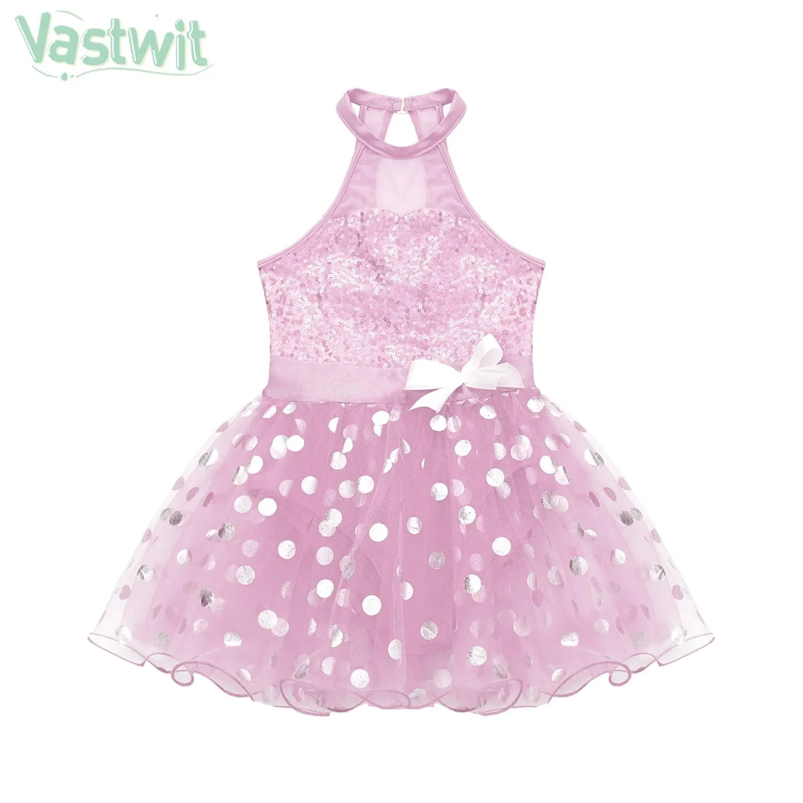 

Girls Ballet Dance Dress Gymnastics Leotard Sleeveless Sequin Bowknot Princess Dresses Mesh Tutu for Birthday Party Dancewear
