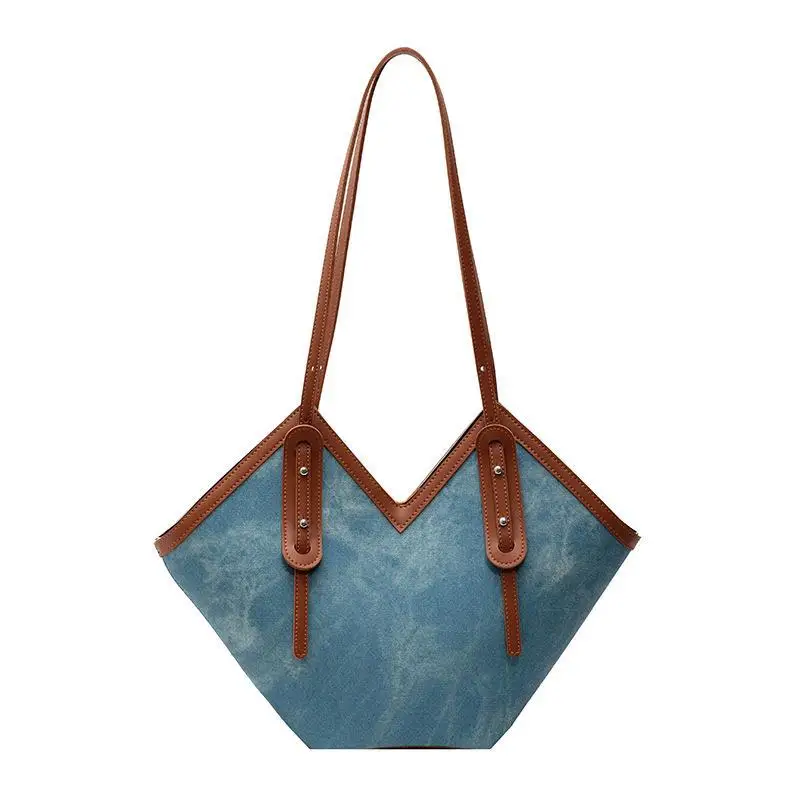 Contrast Cowboy Blue Large Capacity Shopping Bag for Women Travel Handbag Versatile Retro Shoulder Bag Fashion Handbag 2023