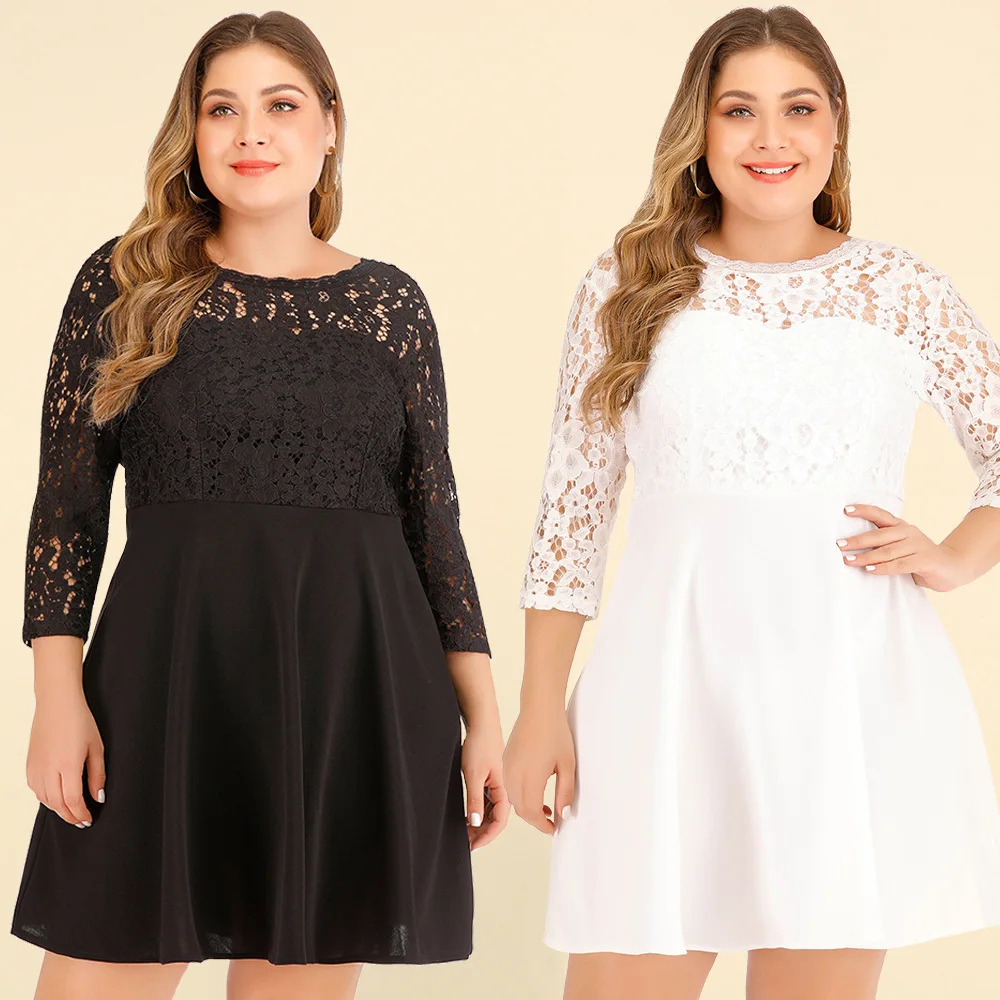 

Summer Elegant Dresses 2022 Plus Size Women Clothing New Long-Sleeved Sexy Lace V Backless Age-Reducing Loose Skirt