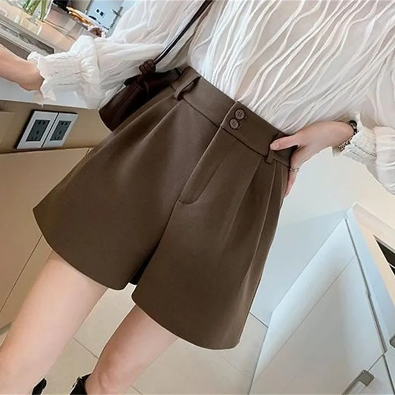 Korean Female High Waist Woolen Shorts Autumn Winter Ladies Leisure A-line Wide Leg Boots Pantalons New Women Fashion Trousers