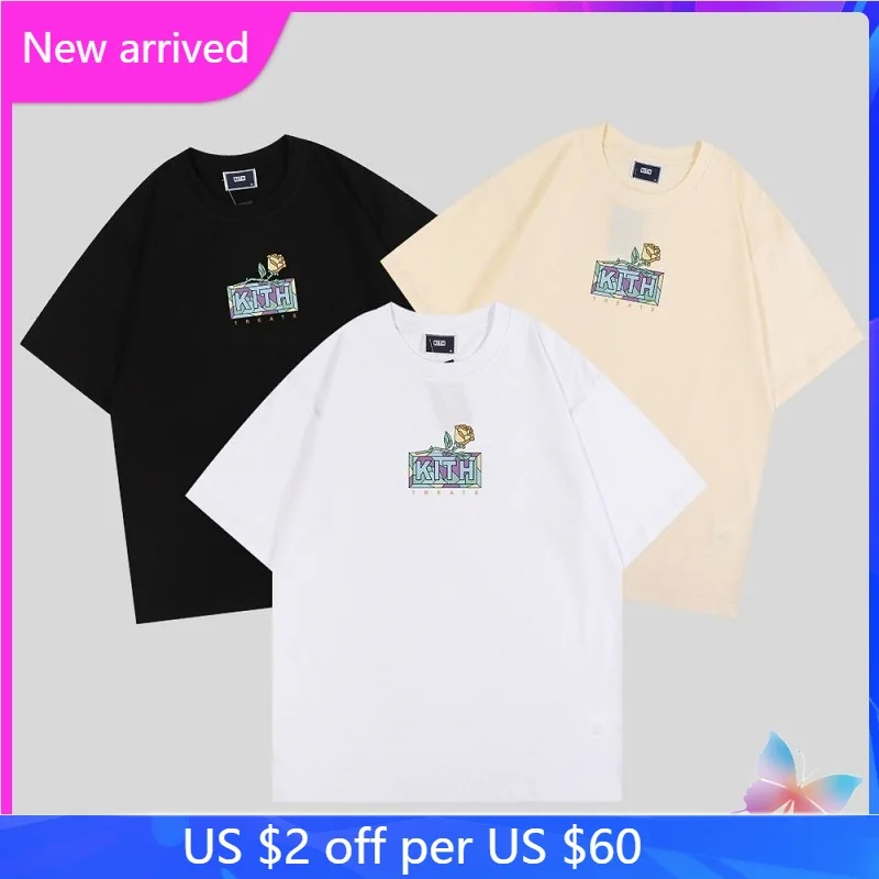 

High Quantity KITH T Shirts Apricot Rose Box Printed Short Sleeve Summer Men Women Vintage T-shirt