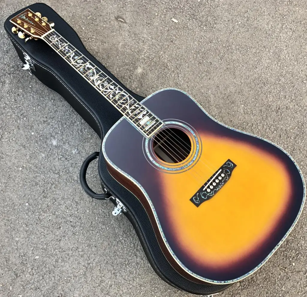 

Sunset Solid Spruce Top Acoustic Guitar Abalone Inlays Ebony Fingerboard 41 Inches D style Rosewood Body