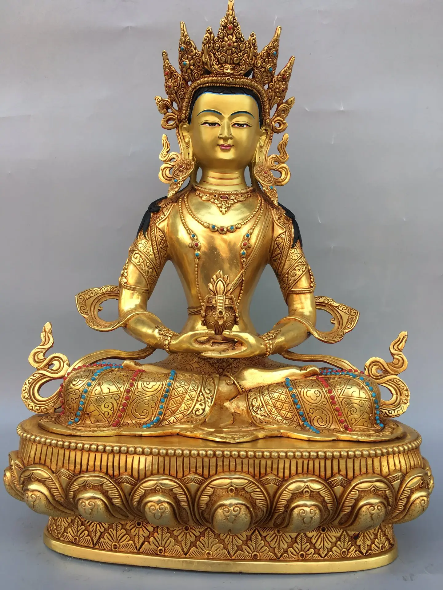 

17"Tibetan Temple Collection Old Bronze Cinnabar Face painting Longevity Buddha lotus platform Sitting Buddha Worship Hall