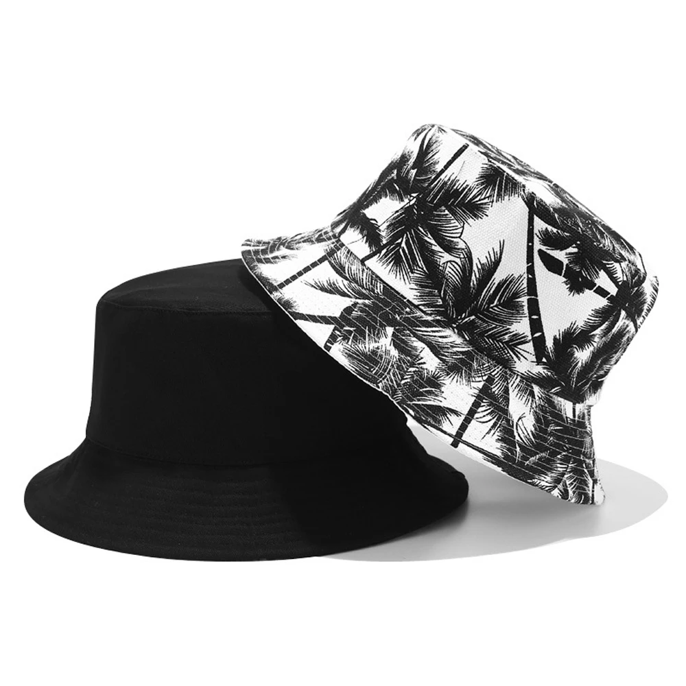 

2022 New Unisex Fashion Bucket Hats Summer Reversible Black White Coconut Tree Printed Fisherman Caps Gorro Pescador Men Women