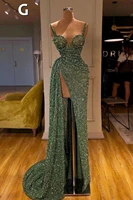 2022 green luxury spaghetti strarp mermaid sequin evening dress elegant women ruched glitter gown lace party dress prom dress