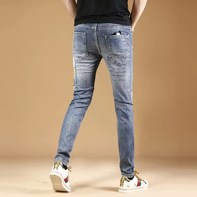 Men Blue Ripped Patchwork Jeans Streetwear Slim Fit Pencil Pants Korean Style Casual Letter Embroidery Denim Trousers