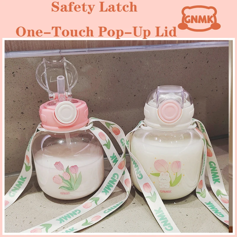 

850ml Cute Water Bottle With Strap For Girls Kawaii Tumbler With Straw For Children Transparent Plastic Sport Juice Drinkware