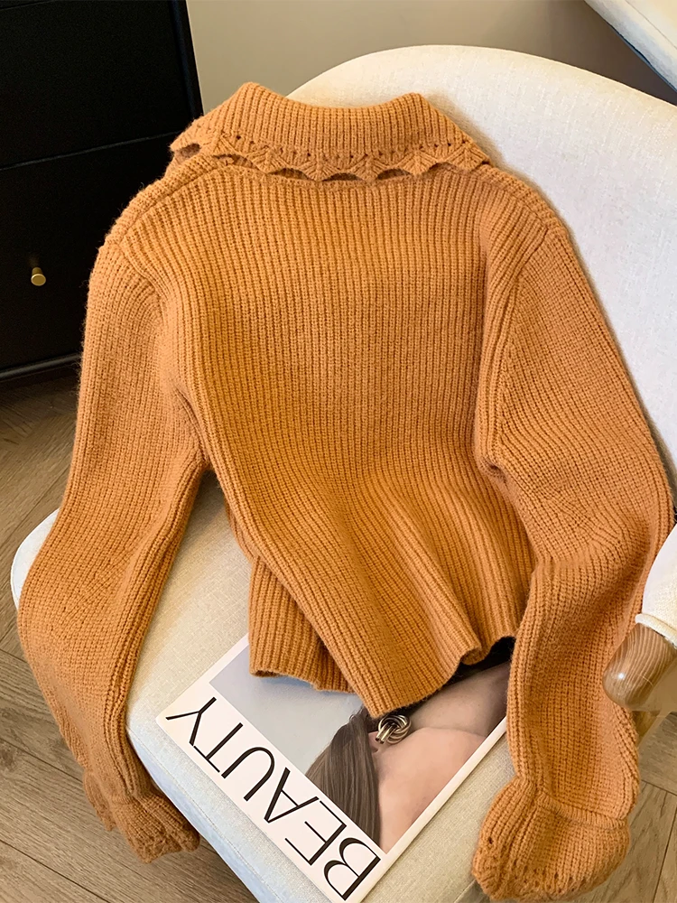 Женский оранжевый кардиган свитер с v-образным вырезом Harajuku Y2k вязаный