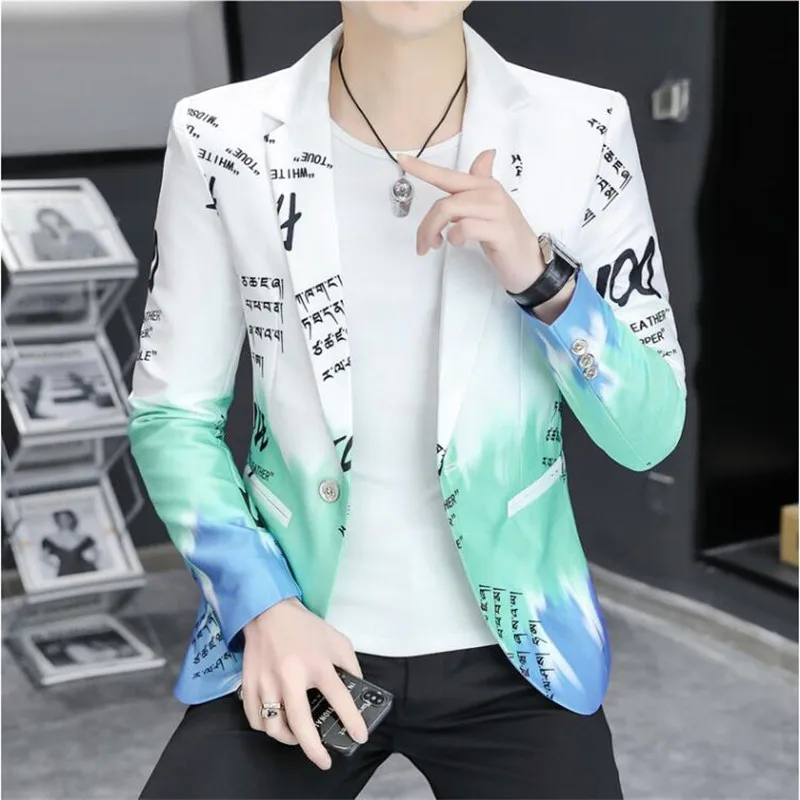 

Gradient Color Blazer 2022 Spring New Fashion Alphabet Print Suit Jacket Men Business Slim Fit Formal Social Party Tuxedo Blazer