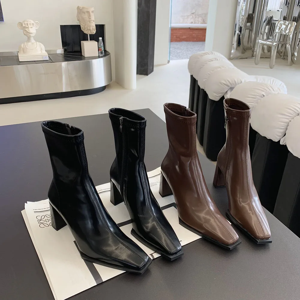 

Fashion Women Ankle Boots Square Toe Thick High Heels Back Zipper Stretch Shoes Ladies Party Pumps Black Brown Size 35-39