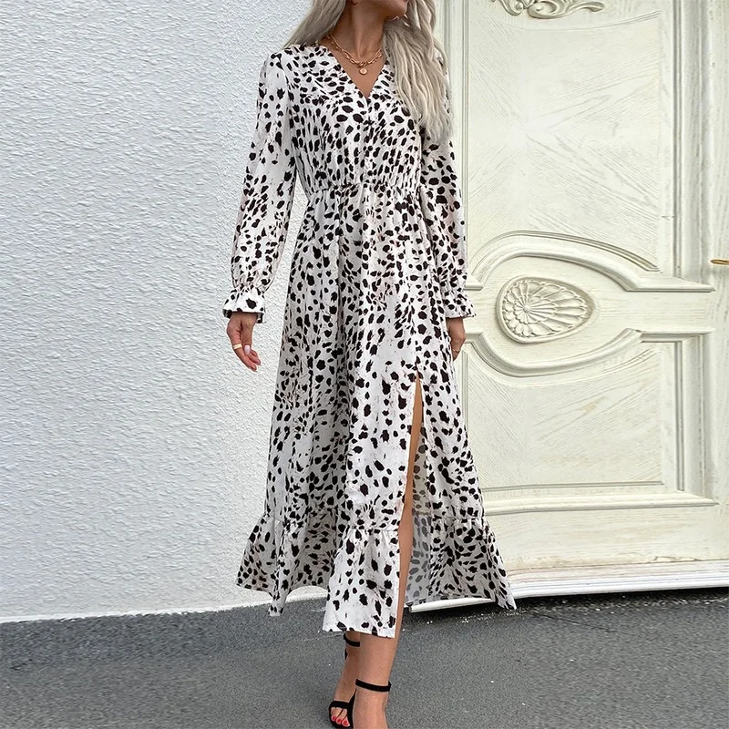 

YEMOGGY Female Dresses Ruffle Hem Slit Dress Korean Clothing Autumn V-Neck Button Full Flared Sleeve Print Maxi Dress 2022 Grace