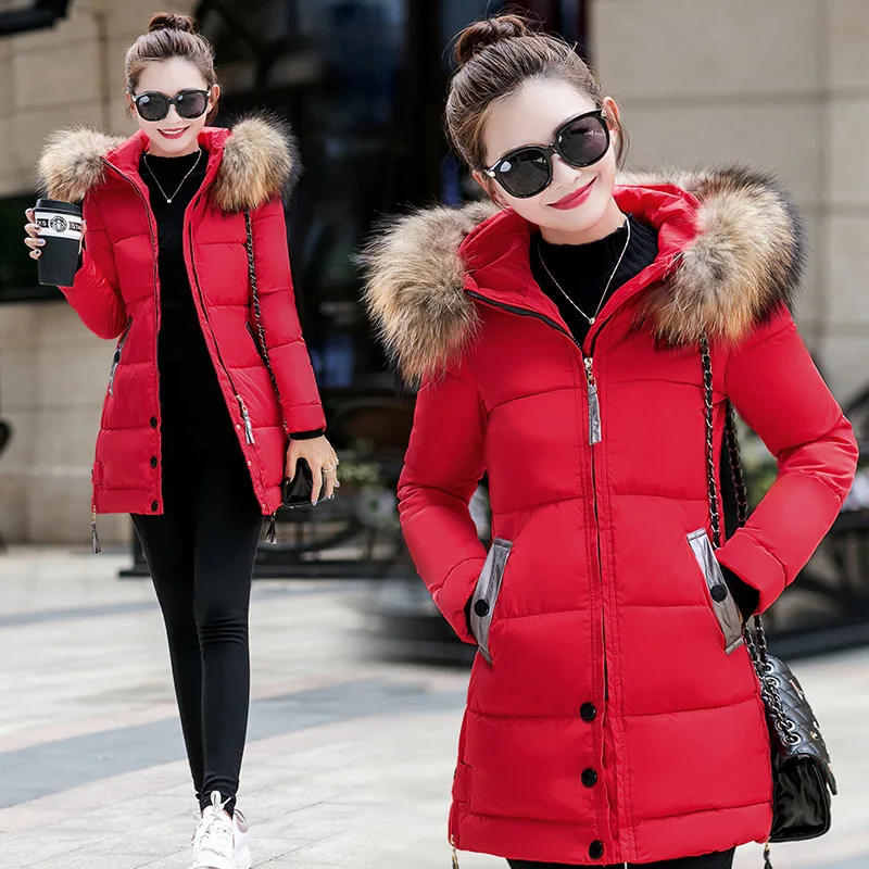 2022 Autumn and Winter Hooded Fur Collar Women Parkas, Street Fashion Single-breasted Slim Solid Color Wool Coat Cotton Jacket