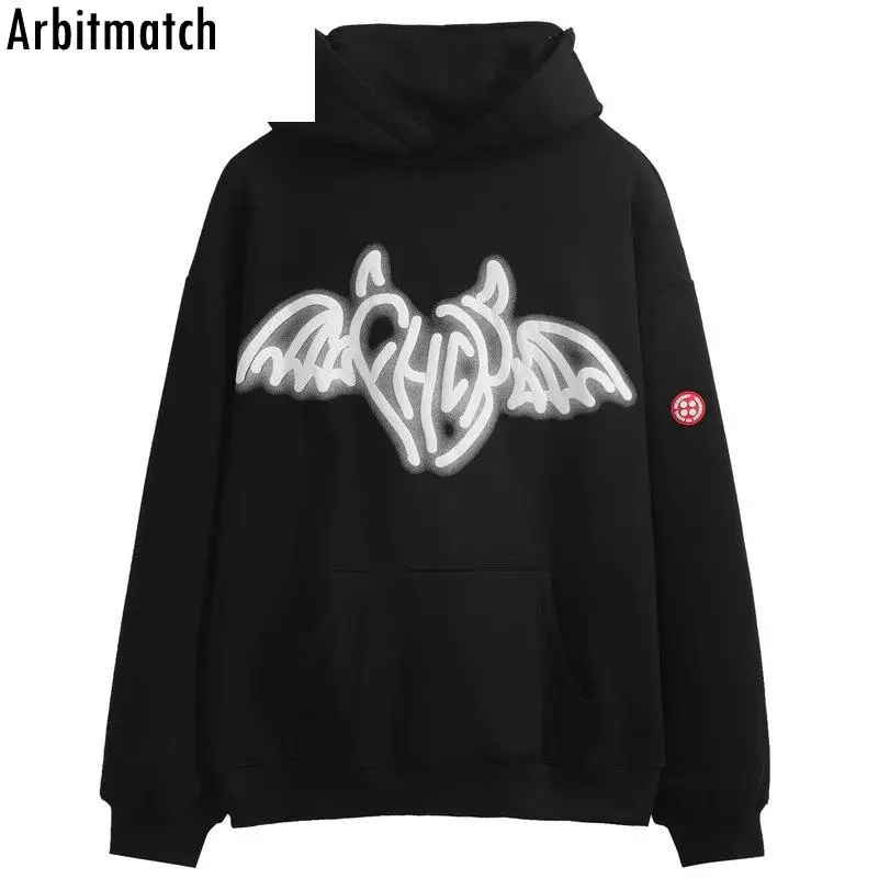

Hip Hop Streetwear Fashion Men Little Devil's Ear Devil Wing Print Hoodie Sweatshirts Loose Gothic Y2k Thermal Hooded Pullover