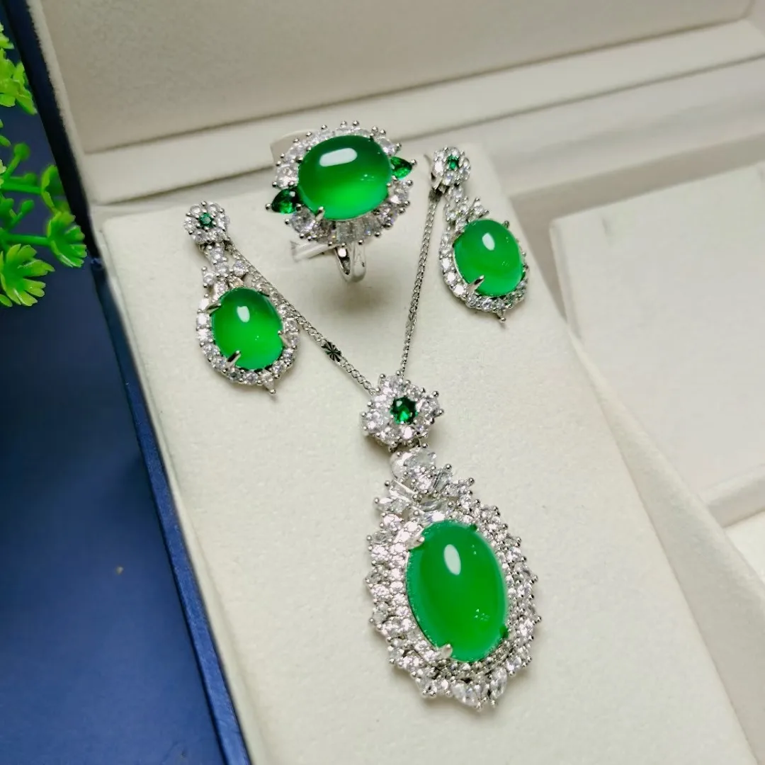 

Natural Jade Jewelry Set For Women Myanmar Jadeite With Zircon Emerald Oval Pendant Necklace Dangle Earrings And Green Jade Ring
