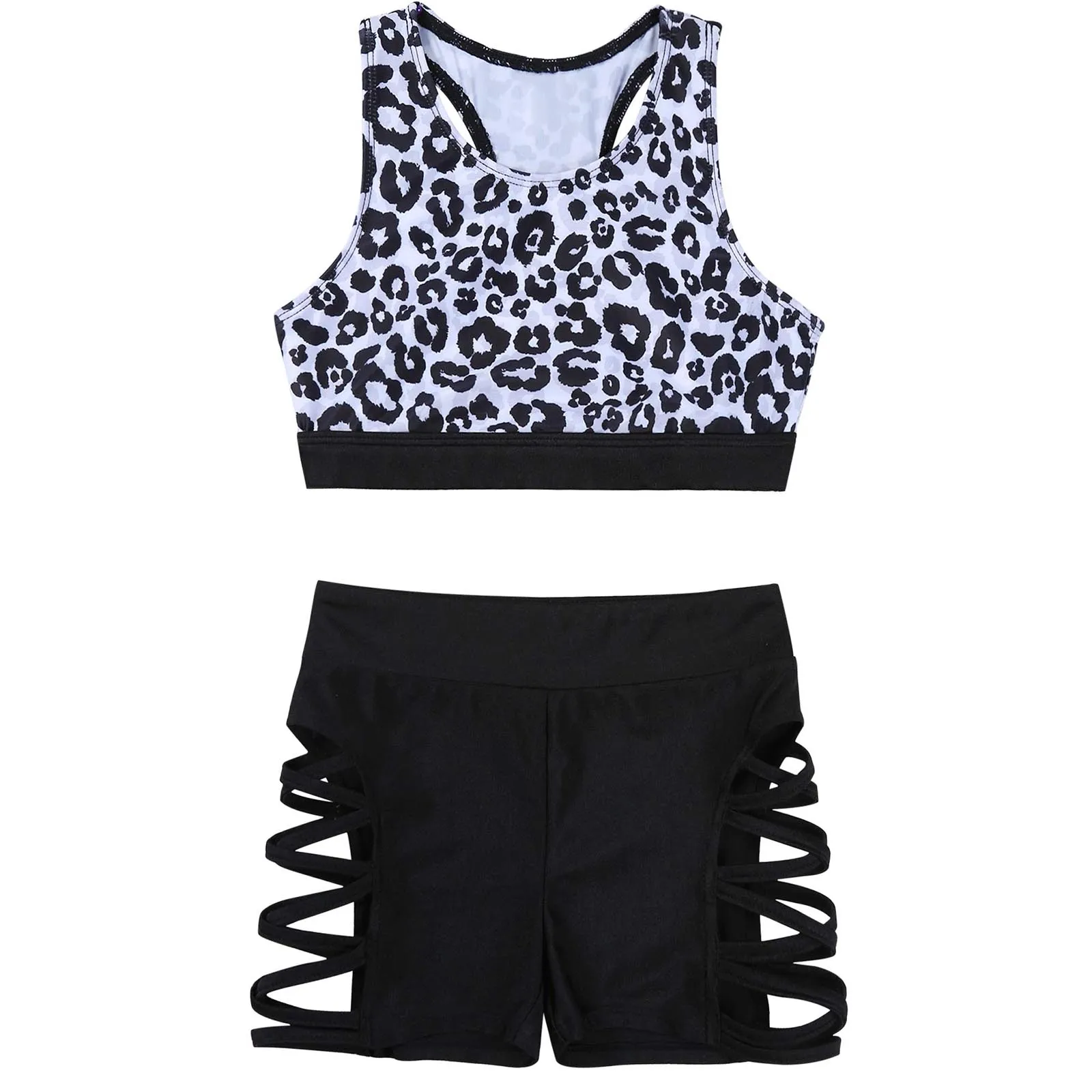 

Kids Girls Yoga Running Outfits Tracksuit Leopard Print Yoga Sets Sleeveless Racer Back Sport Top Vest And Shorts Set Sportswear