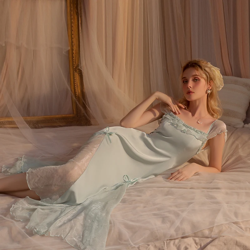 Women Fairy Skirt Fashion Gauze Perspective Dress Female Square Neck Short Puff Sleeves Backless Dress for Women's Nightdress