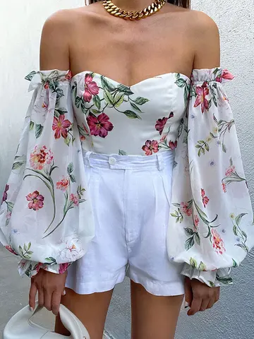 Puff Sleeve Print Women's Blouse Sexy Slash Neck Floral Off Shoulder Skinny Female Blouses Spring Summer Fashion Backless Top