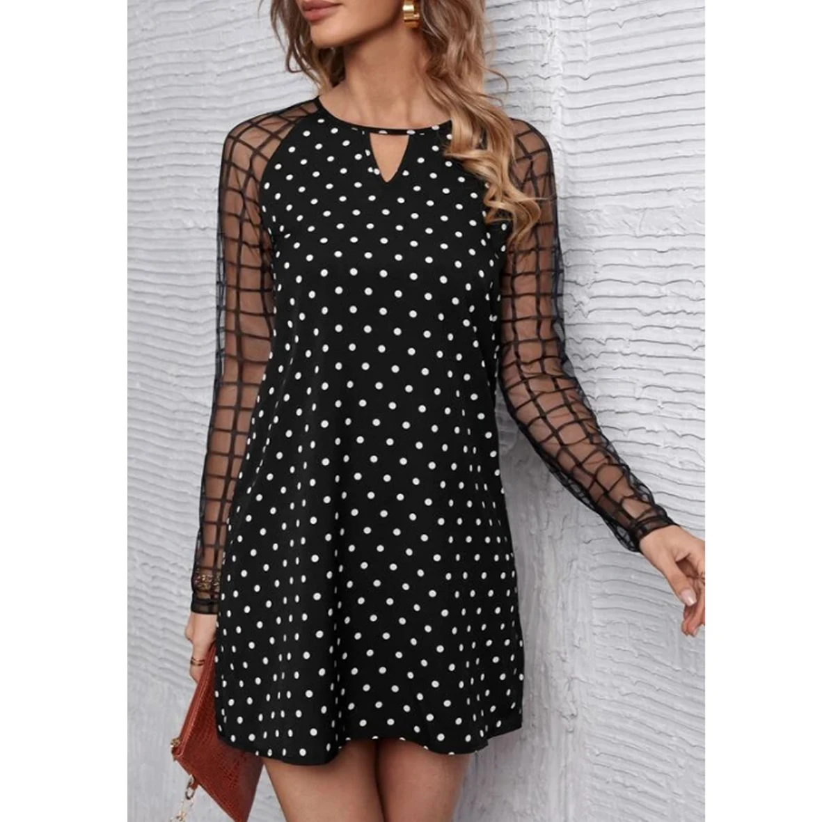 

Women's Fashion Polka Dot black Contrast Plaid Mesh Keyhole Neck Mesh sleeves Dress