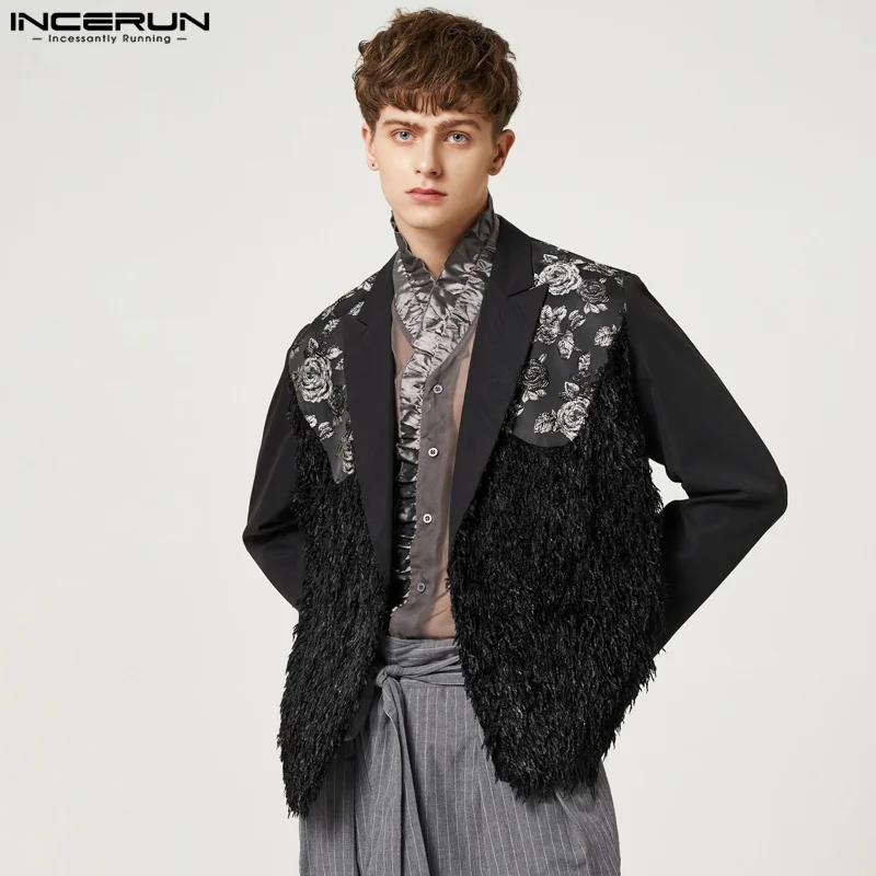 

2023 Men Blazer Plush Patchwork Flower Print Streetwear Lapel Long Sleeve Suits Men Button Fashion Casual Coats S-5XL INCERUN
