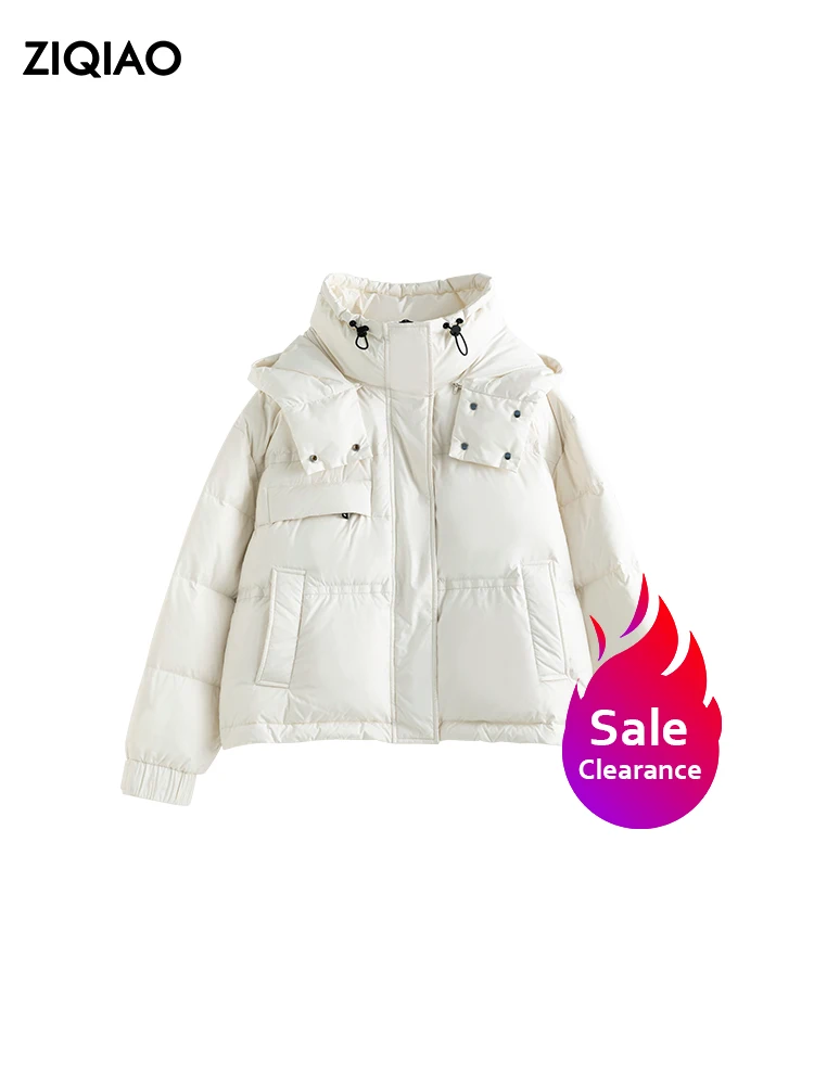 

ZIQIAO【Clearance Sale】Short White Duck Down Jacket Women 2022 Winter Loose Hooded Bread Jacket Commuter Style Female Down Coats