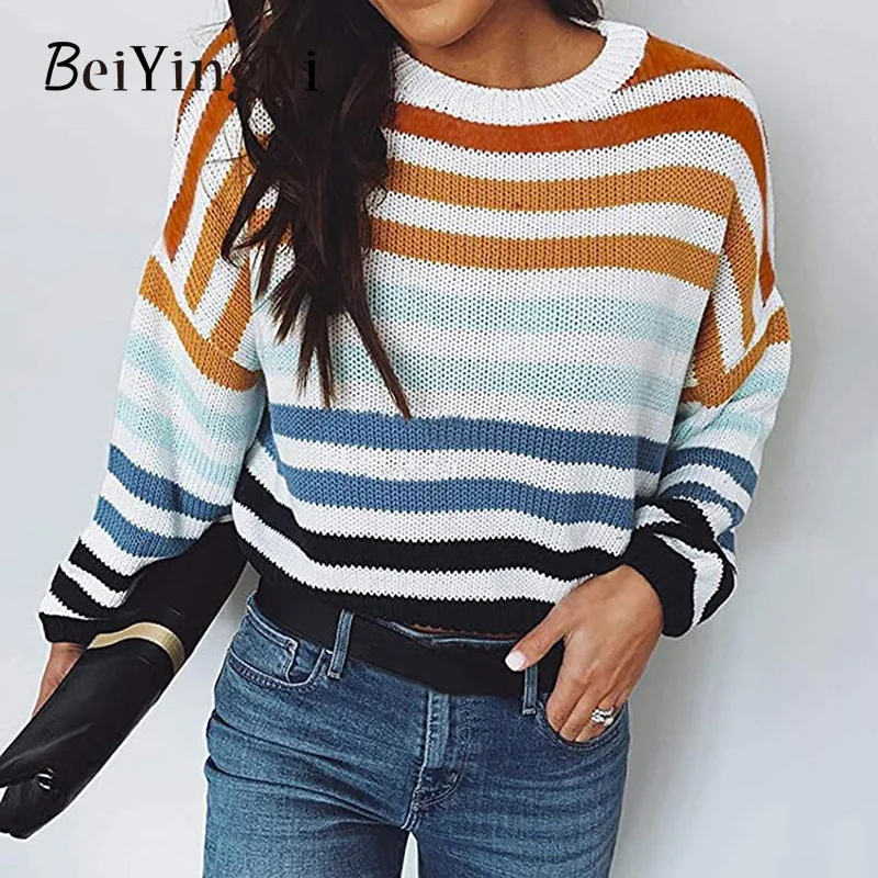 

Beiyingni Fashion Striped Women Sweater O-neck Spell Color Long Sleeve Pullover Femme Autumn Winter Casual Loose Knitting Jumper