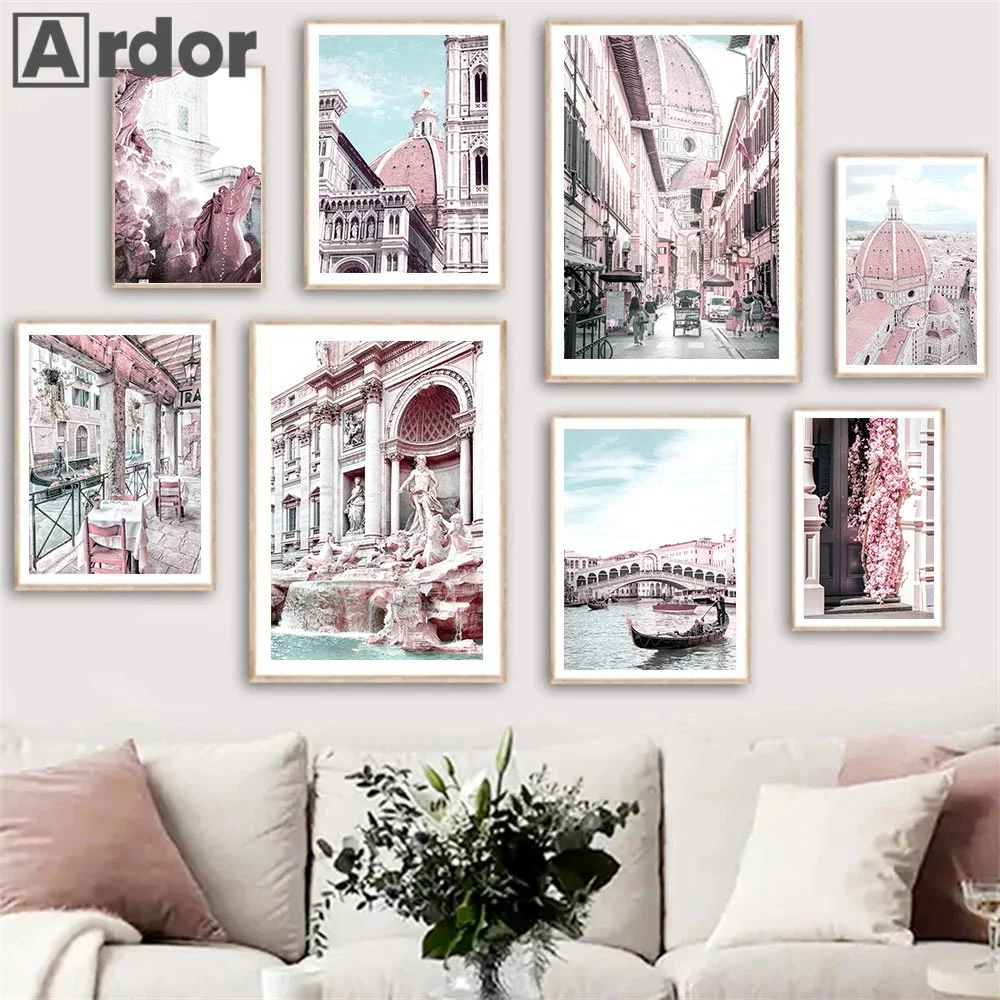 

Italy Venice City Building Flowers Boat Pink Wall Art Canvas Painting Nordic Posters And Prints Pictures Living Room Home Decor