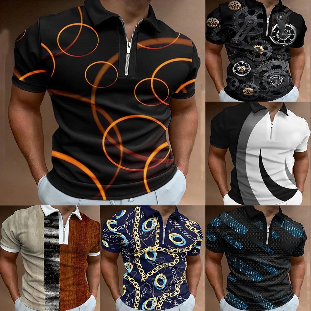 

Мужская модная рубашка с коротким рукавом и принтом, повседневная облегающая спортивная рубашка на молнии, топы, футболка, летняя дышащая футболка
