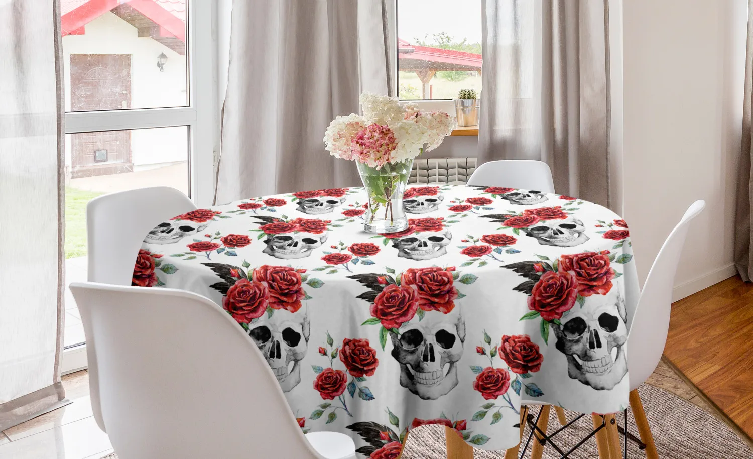Круглая скатерть в виде черепа с красными цветами | Дом и сад