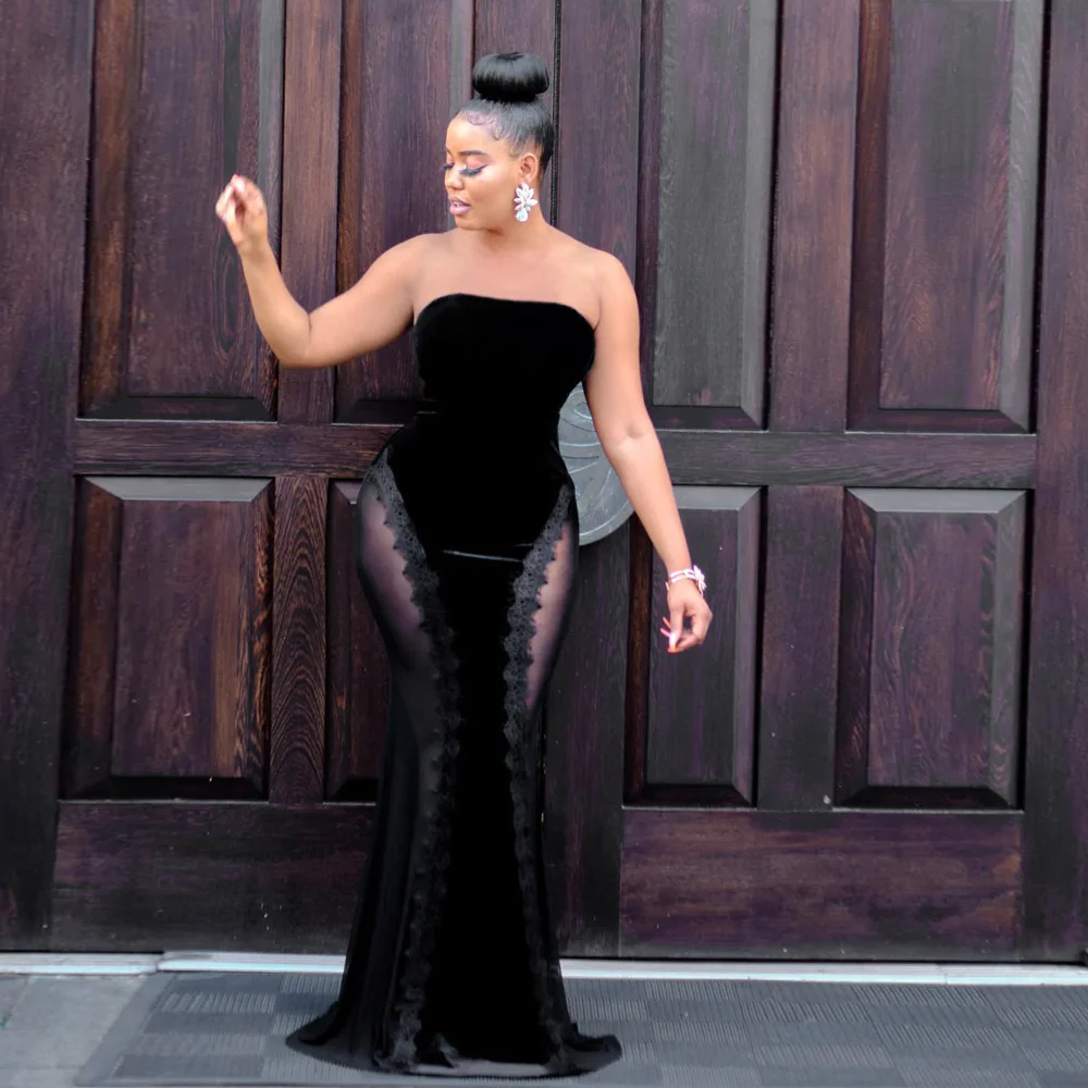 

Женское сексуальное бархатное платье без бретелек, Сетчатое кружевное лоскутное облегающее платье, вечерние платья черного цвета