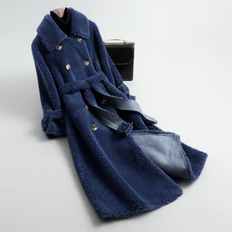 Fashion Winter Grainy Shearing Coat Ladies Wool Coat Ladies Elegant Double-breasted Long Warmth Ladies Casual Lambskin Coat
