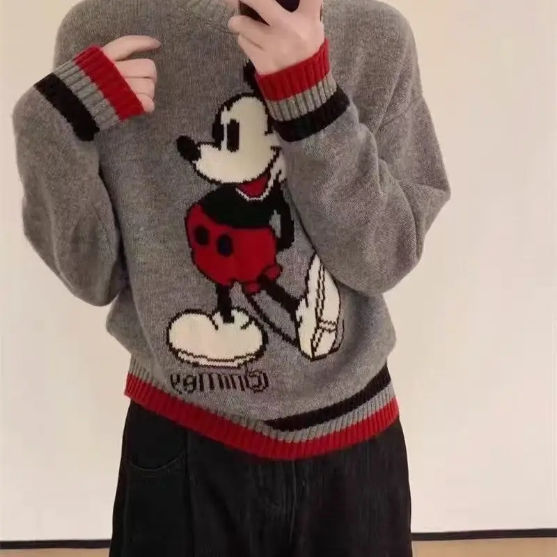 Серый пуловер с Микки Диснеем женский ранний осенний новый вязаный свитер