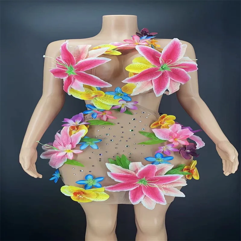 

H373 Cosplay Bodysuit Artificial Flower Backless Jumpsuit Perform Crystal New Rhinestones Sleeveless See-Through Strapless Party