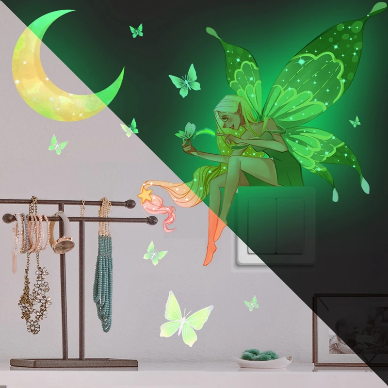 

Luminous Moon Butterfly Fairy Wall Stickers Kids Room Fluorescent Wall Papers Home Decor Socket Switch Stickers Glow In The Dark