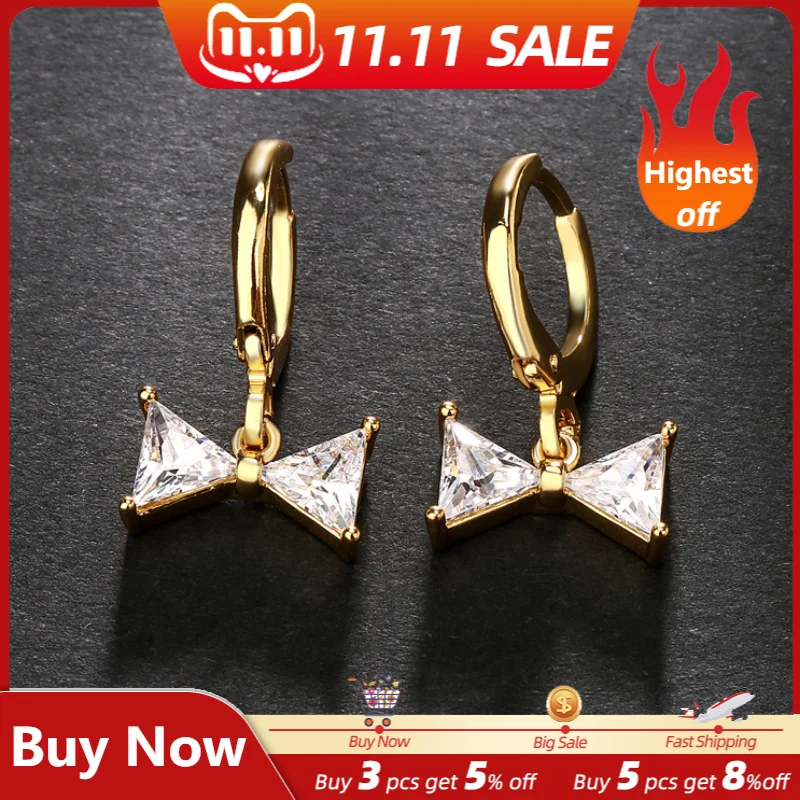 

JUNZI New Simple Bowknot Hoop Earrings Charm Geometry Zirconia Jewelry for Women Girls Gold Color Bridal Wedding Party Jewelry