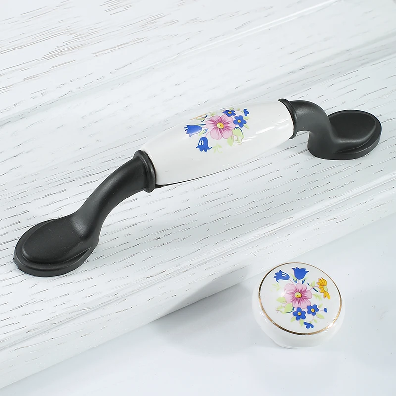 

Black handle ceramic European style solid wood cabinet handle, wardrobe door, drawer handle, small single hole circle