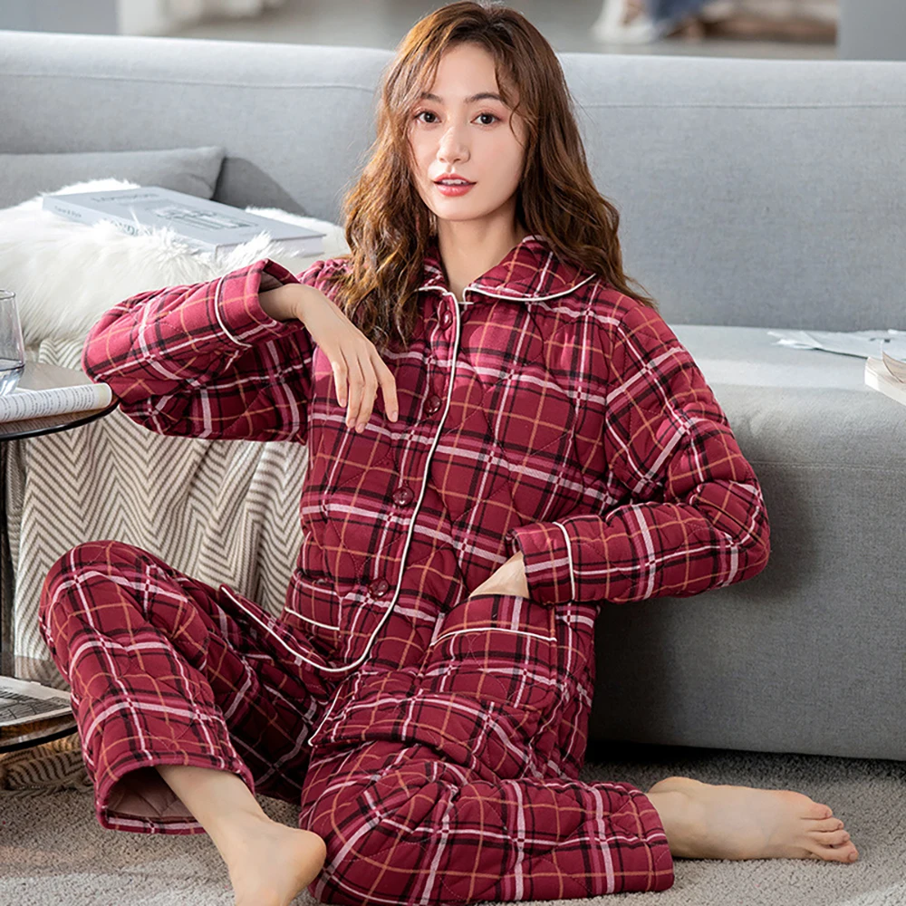 3-Layers Thicken Cotton Pajamas for Women Warm Winter Elegant Plaid Women's Pajama Sets Female Casual Elastic Waist Sleepwear