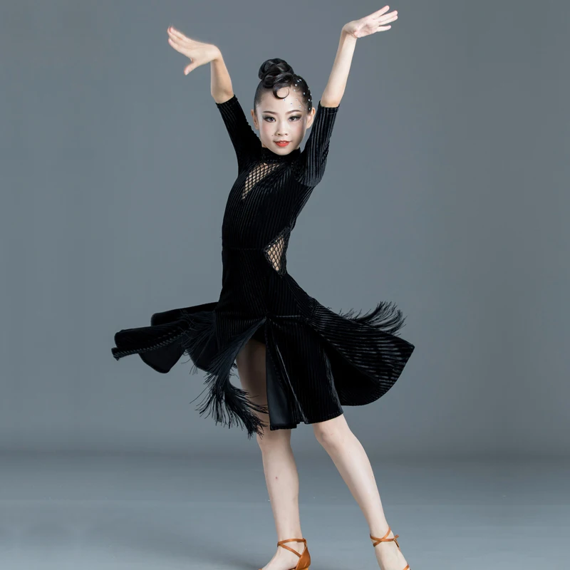 

Girls Laitn Dance Dress Blalck Velvet Fringes Dress Standard Salsa Ballroom Tango Chacha Dance Clothes Practice Wear SL7218