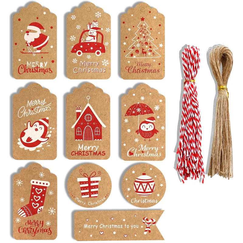 

50pcs Painted Merry Christmas Gift Tags Candy Cookie Bags Kraft Paper Hang Tags Paper Card Label Christmas Decoration Xmas Tag