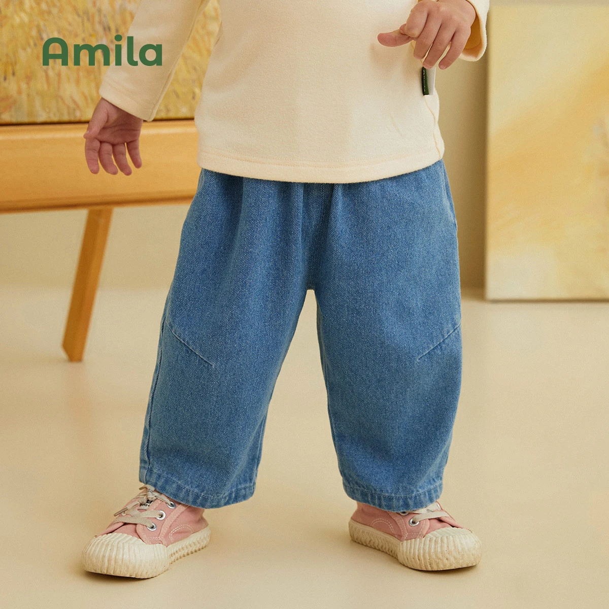 Amila Baby Pants 2022 Autumn New Casual Children Jeans Loose Denim Blue Boys and Girls Clothes Fashion