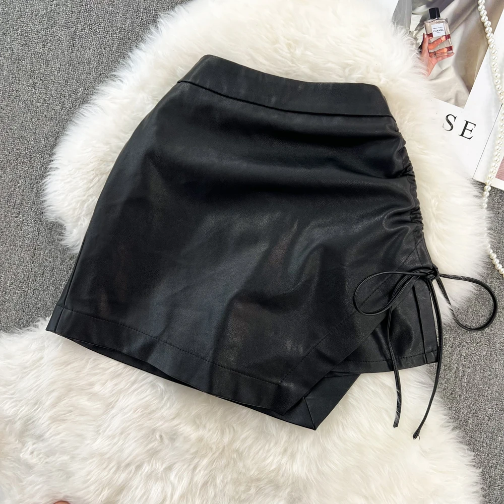 

Irregular Pu Folds Skirts High Waist Jupe Mini Mujer Faldas Zipper Fly Leather Skirt Black Casual Women Clothes Dropshipping