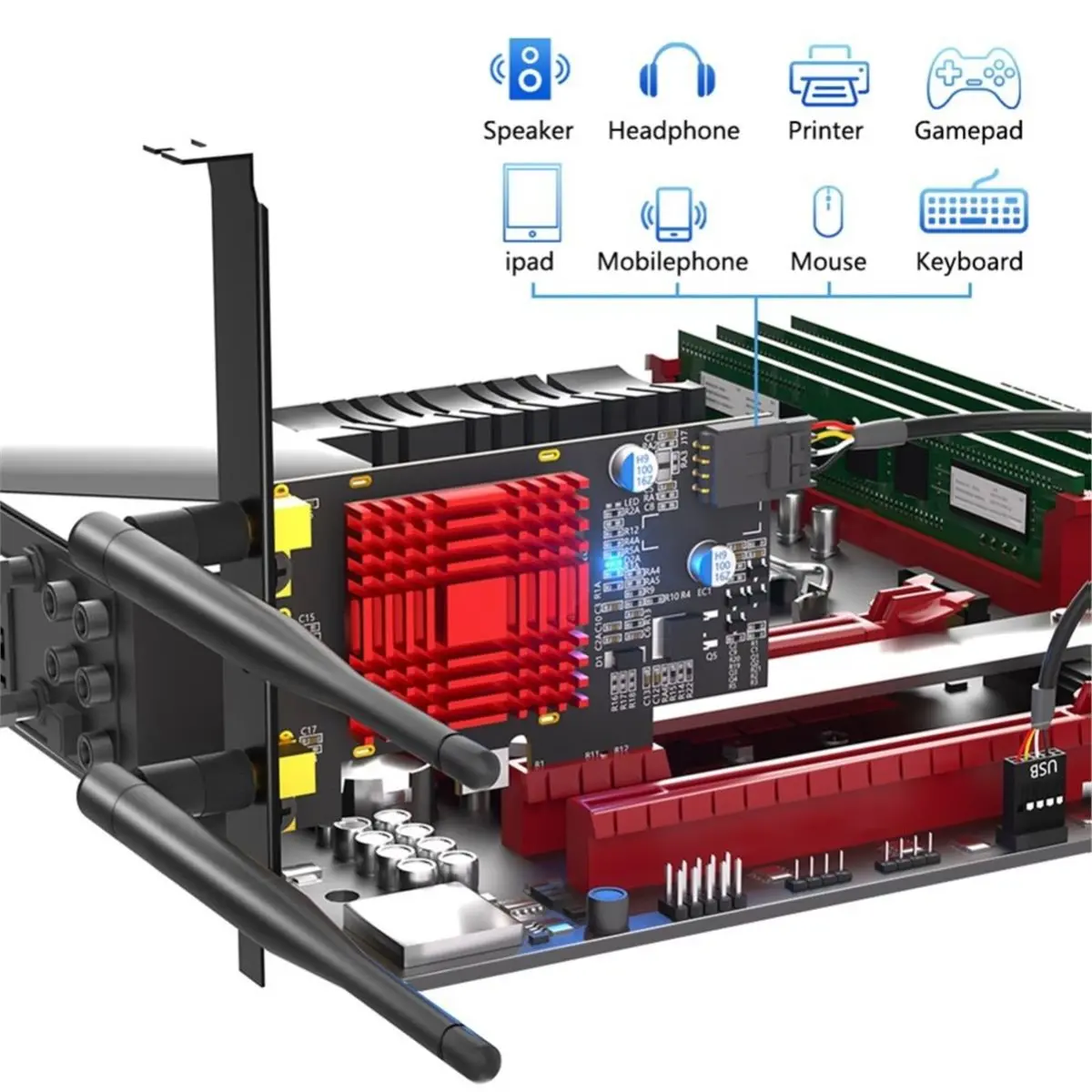 Фото Адаптер 828sale PCIe X1 для M.2 WiFi и Bluetooth с радиатором охлаждения, поддерживает модули M.2 A+E Key, двухдиапазонный 2,4 ГГц/5 ГГц, для настольных ПК №4
