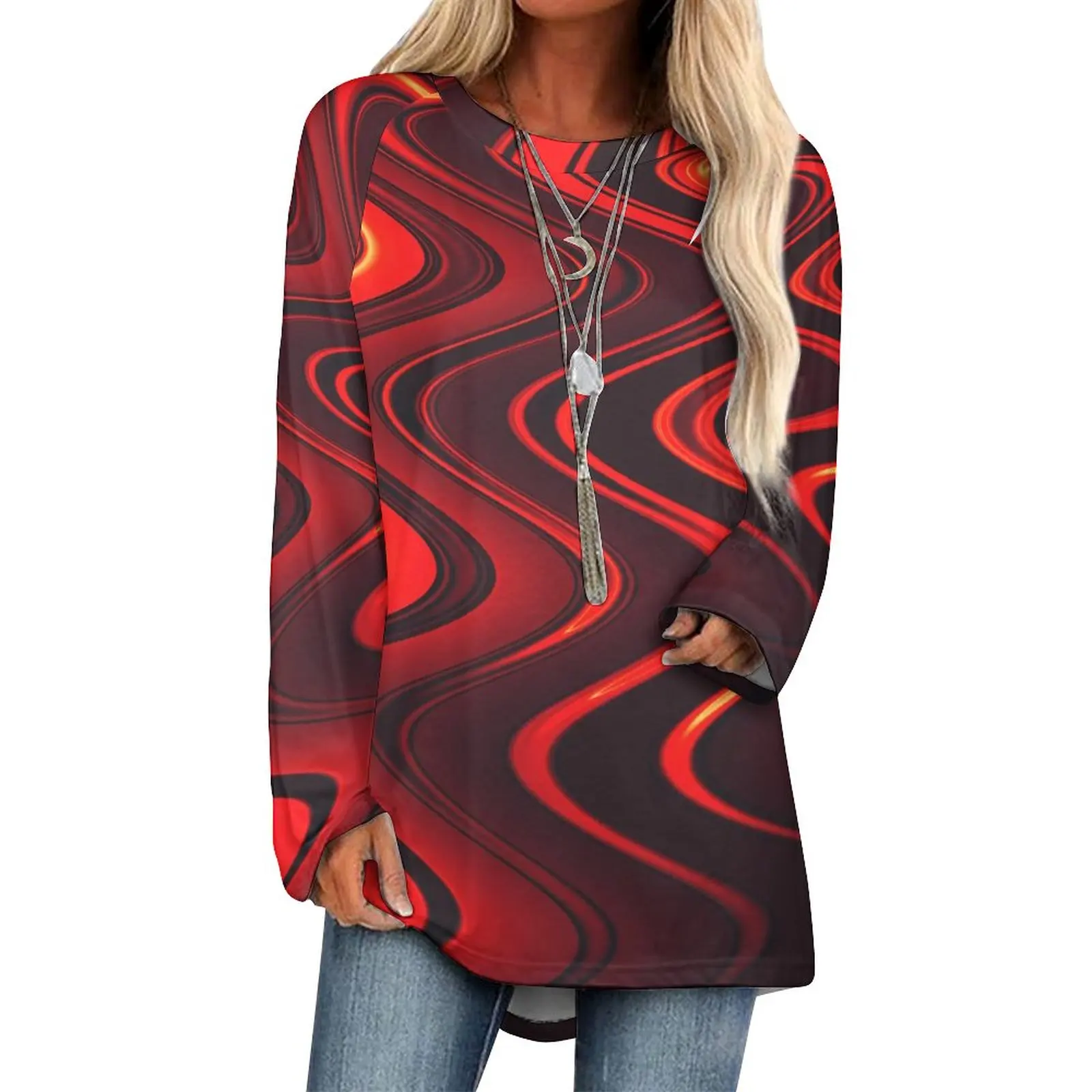 

Abstract Swirls T Shirt Red And Black Street Wear Long Sleeve T Shirts Design Elegant Tee Shirt Female Spring Tops Big Size 5XL
