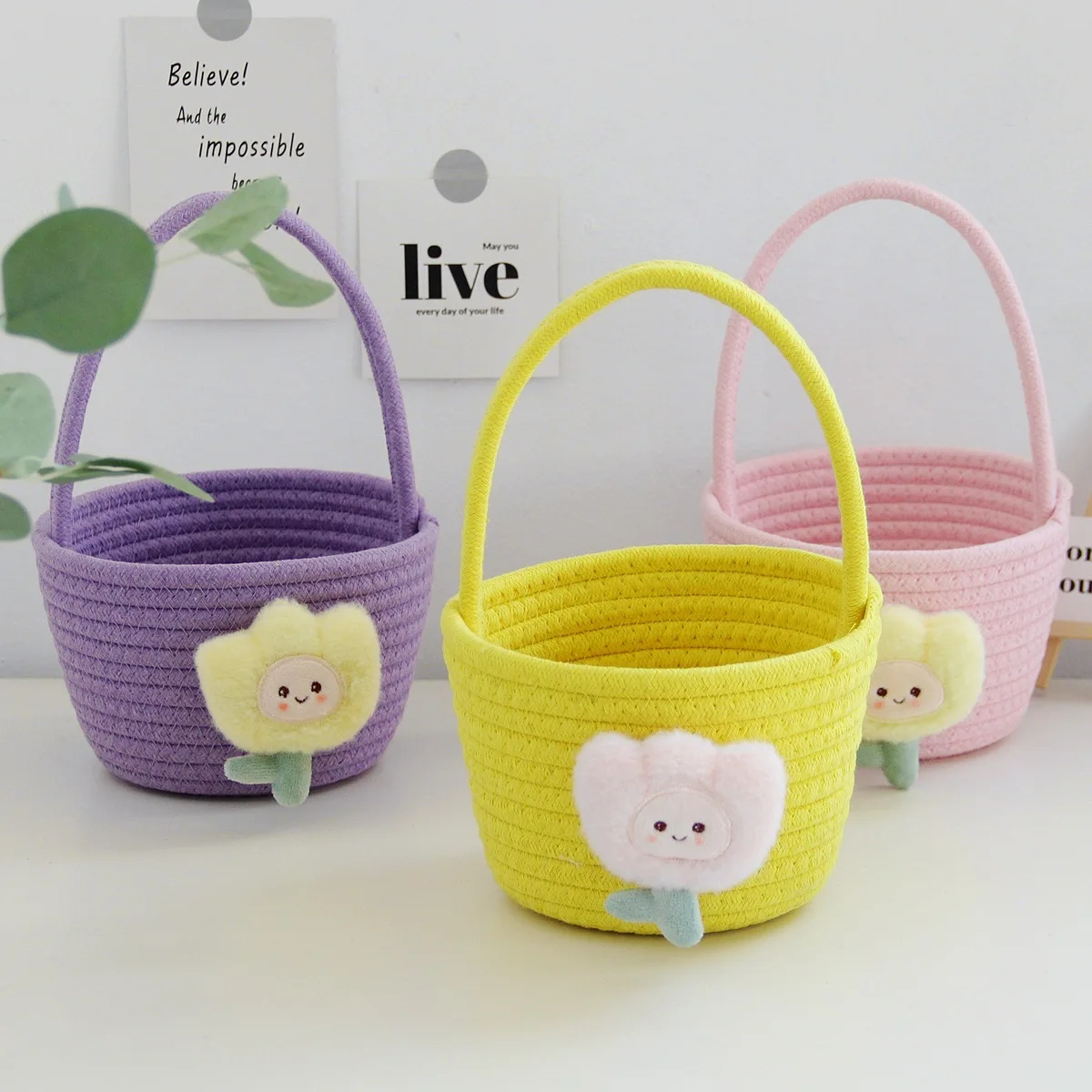 

Cute Cartoon Flower Hand Woven Storage Basket Kids Toys Desktop Organizer Sundries Storage Box Laundry Baskets
