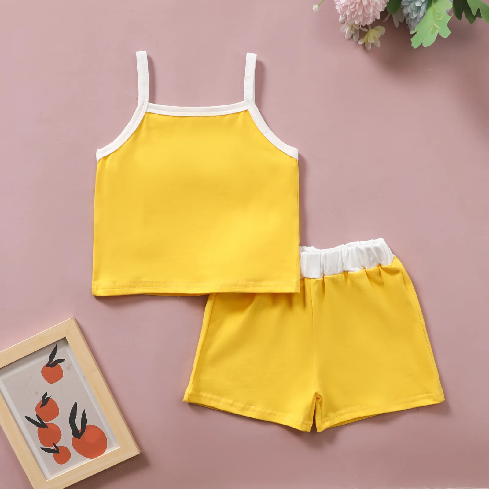 

Summer Toddler Newborn Baby Girls Suits Solid Color Sling Tank Tops + Splicing Shorts Outfits Infant Fashion Pure Cotton Sets
