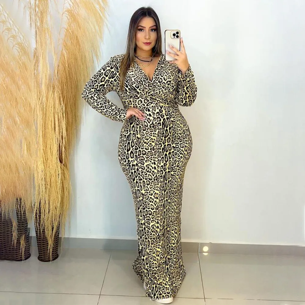

Элегантное вечернее платье, весна 2022, женское сексуальное облегающее платье с леопардовым принтом, глубоким V-образным вырезом и длинным ру...