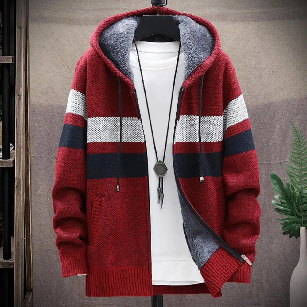 

Autumn Winter Men Long Sleeve Knitted Hooded Cardigan Zip Plush Color Block Coat