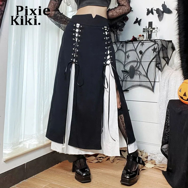 

Длинные юбки PixieKiki с высокой талией, на шнуровке, с разрезом, для женщин, в готическом стиле, в стиле панк, сексуальная черная юбка, в стиле тем...