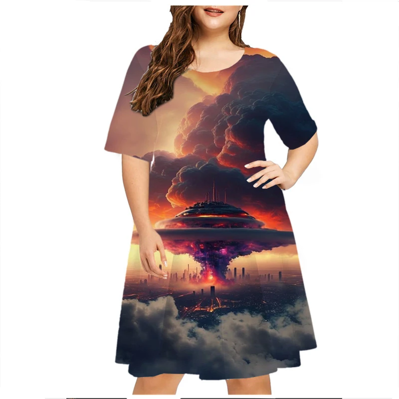 Женское платье с принтом молнии коротким рукавом и круглым вырезом